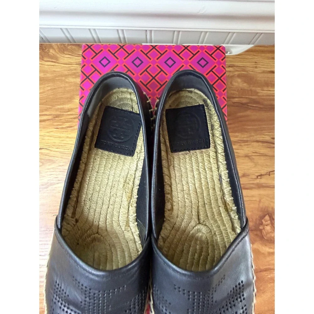 Tory Burch Black Perforated Logo Nappa Leather Espadrille Flats Size 6.5